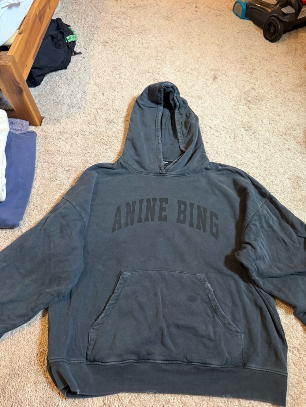 Anine Bing Washed Black Logo Pullover Hoodie